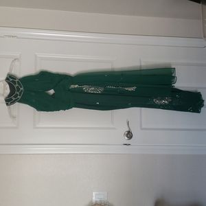 Vintage Greek Inspired Chiffon Beaded Gown In Emerald Green.